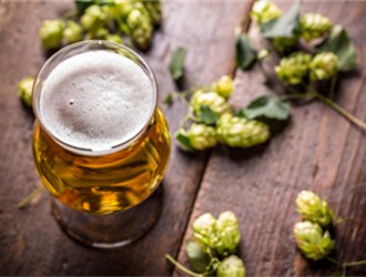 Classic lager glass on a wooden table surrounded with hops